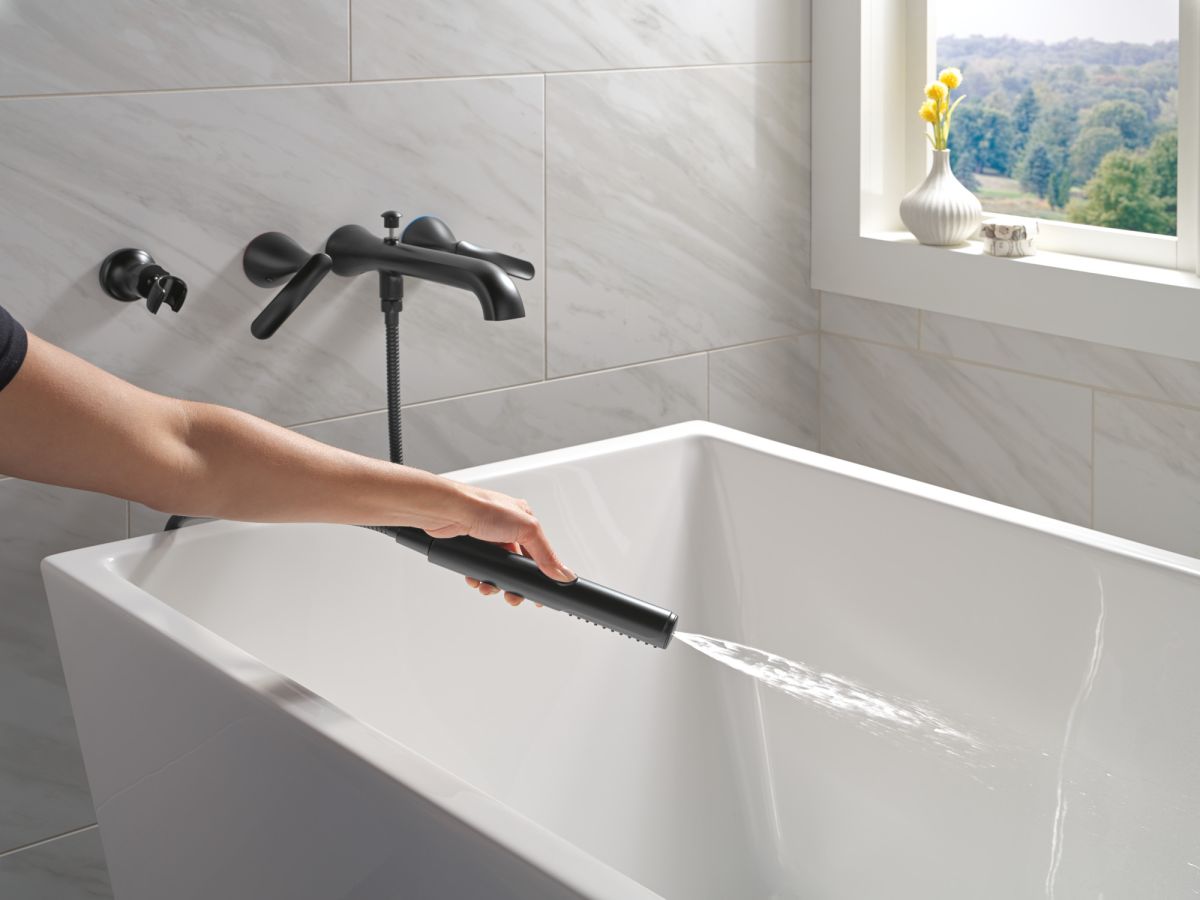 DELTA Bonacci Two Handle Wall Mount Tub Filler Trim with Hand Shower — Matte Black
