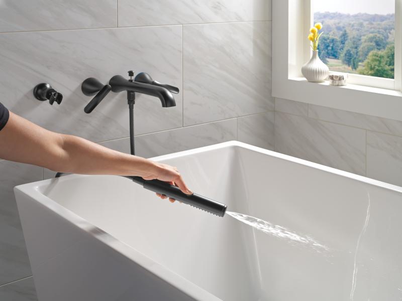 DELTA Bonacci Two Handle Wall Mount Tub Filler Trim with Hand Shower — Matte Black