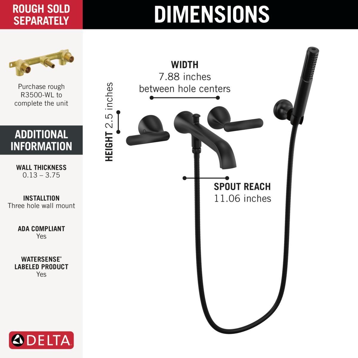 DELTA Bonacci Two Handle Wall Mount Tub Filler Trim with Hand Shower — Matte Black