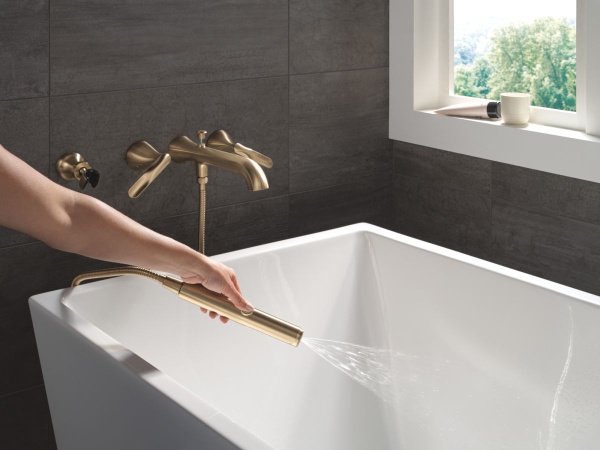 DELTA Bonacci Two Handle Wall Mount Tub Filler Trim with Hand Shower — Lumicoat® Champagne Bronze