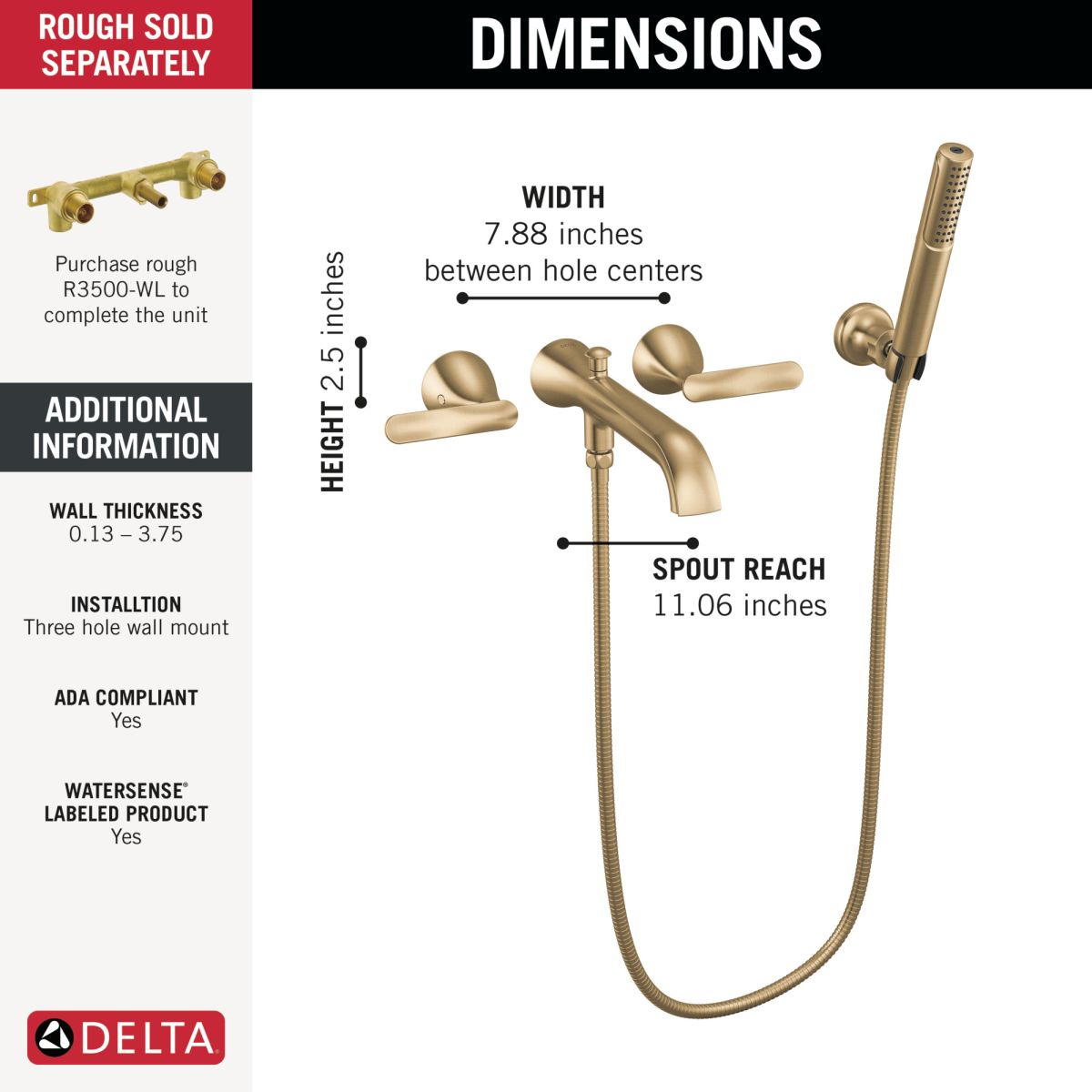 DELTA Bonacci Two Handle Wall Mount Tub Filler Trim with Hand Shower — Lumicoat® Champagne Bronze