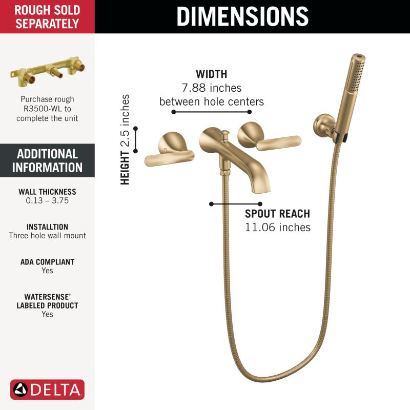DELTA Bonacci Two Handle Wall Mount Tub Filler Trim with Hand Shower — Lumicoat® Champagne Bronze
