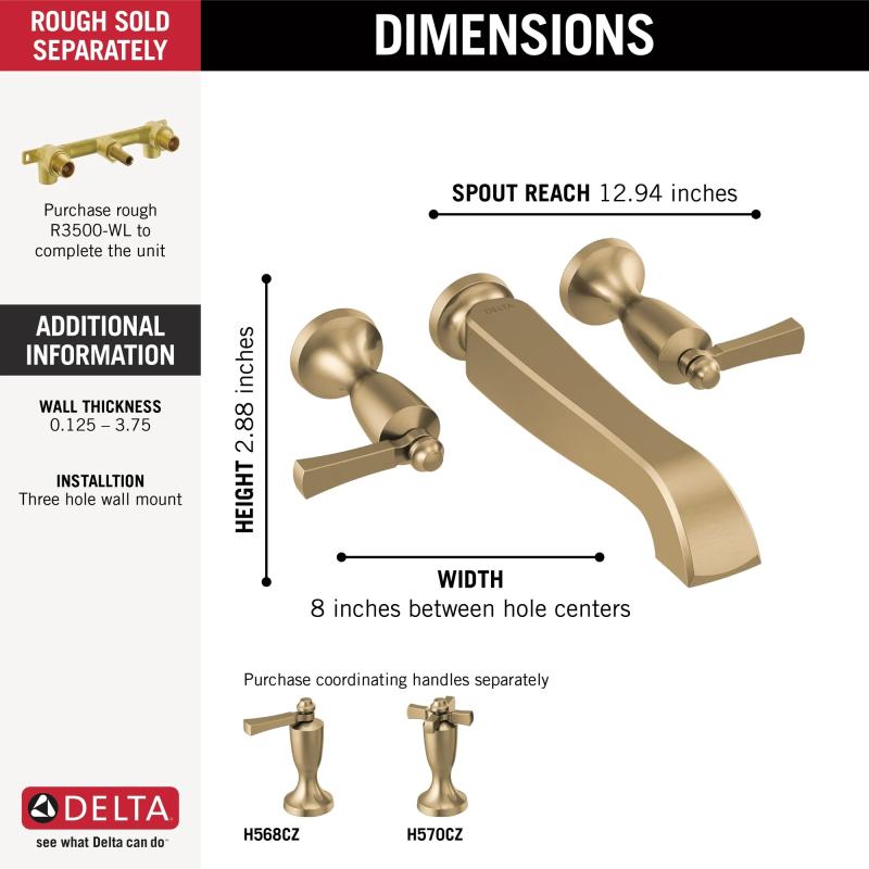 DELTA Dorval Two Handle Wall Mount Tub Filler - Less Handles — Champagne Bronze