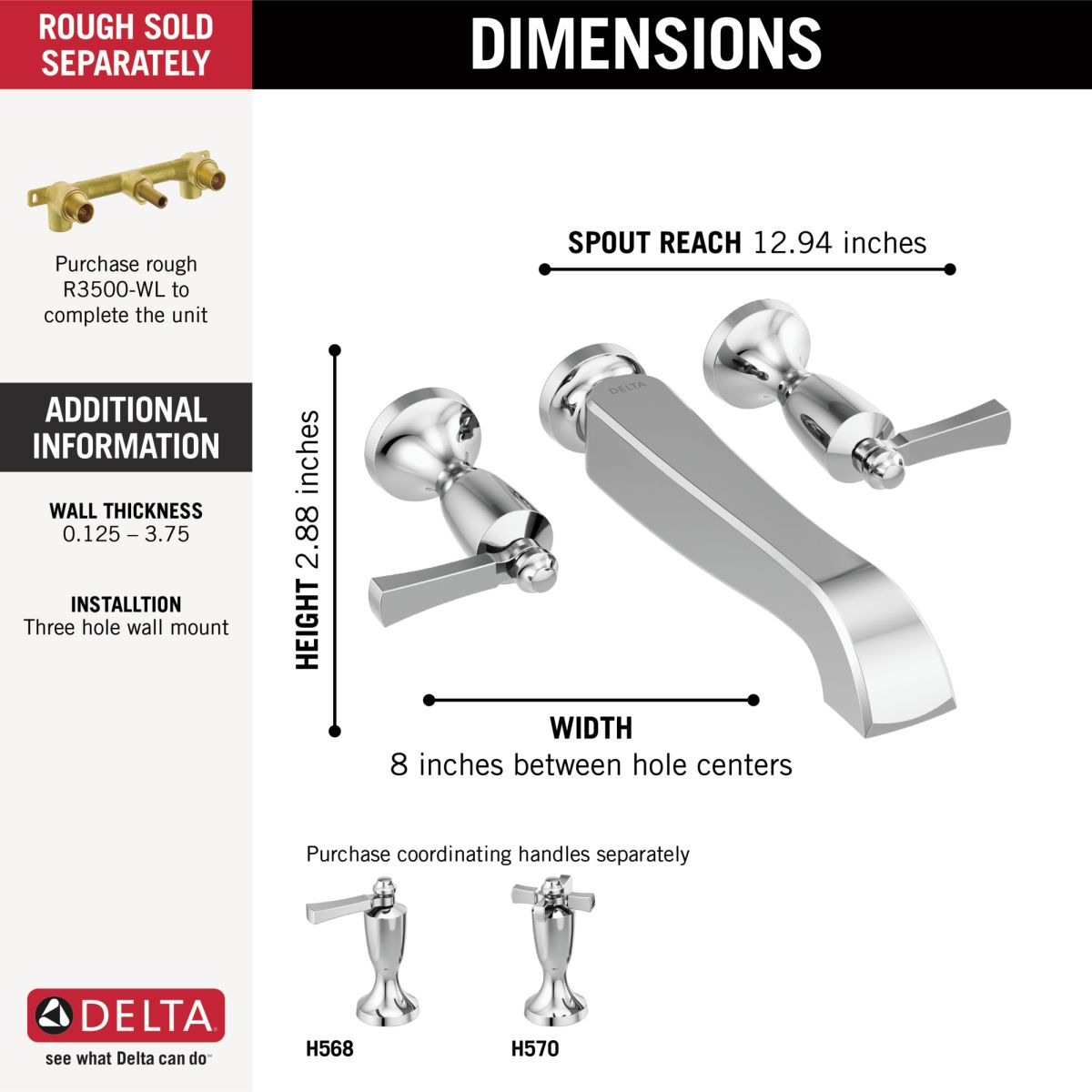 DELTA Dorval Two Handle Wall Mount Tub Filler - Less Handles — Chrome
