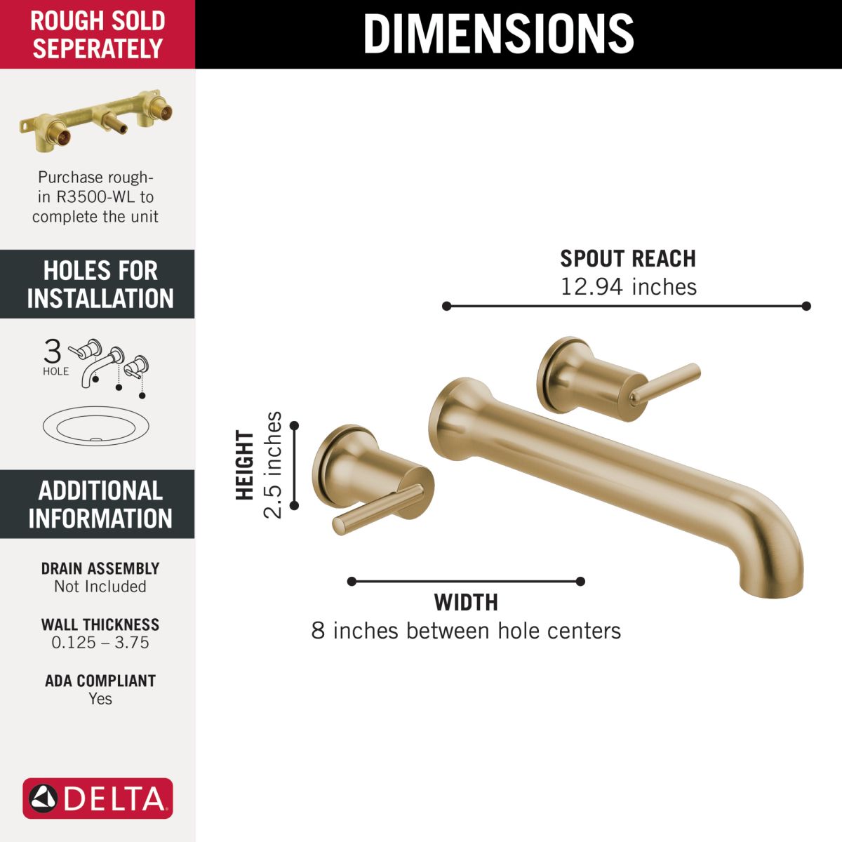 DELTA Trinsic Wall Mounted Tub Filler — Champagne Bronze