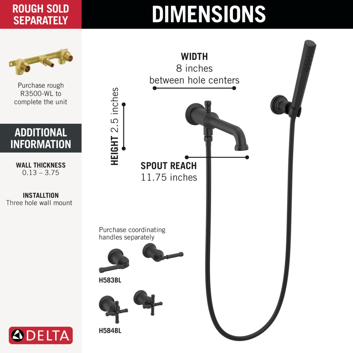 DELTA Broderick Wall Mount Tub Filler Trim with Hand Shower - Less Handles — Matte Black