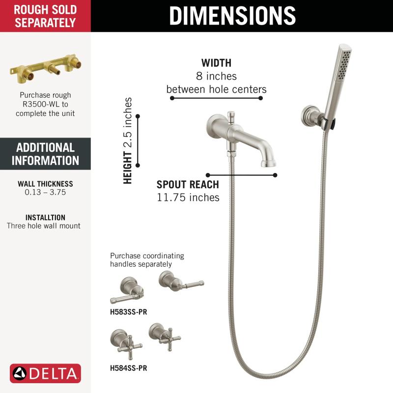 DELTA Broderick Wall Mount Tub Filler Trim with Hand Shower - Less Handles — Lumicoat® Stainless
