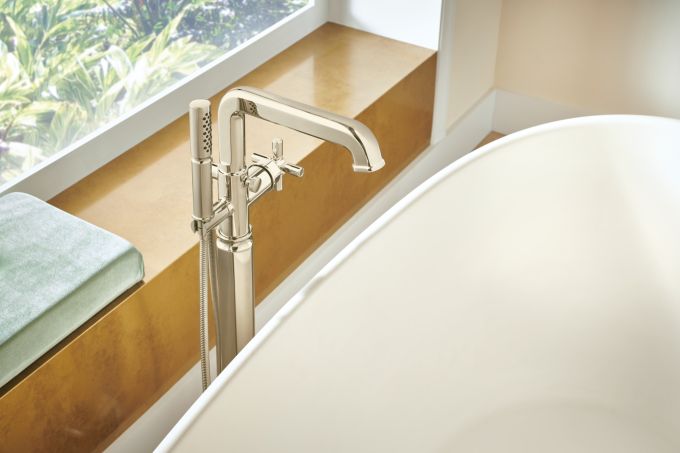 BRIZO Invari Single-Handle Floor Mount Tub Filler - Less Handle — Polished Nickel