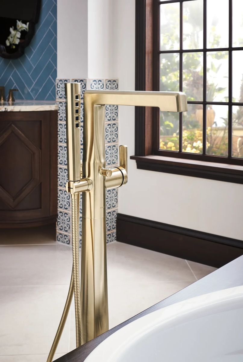 BRIZO Levoir Single-Handle Floor Mount Tub Filler — Luxe Gold