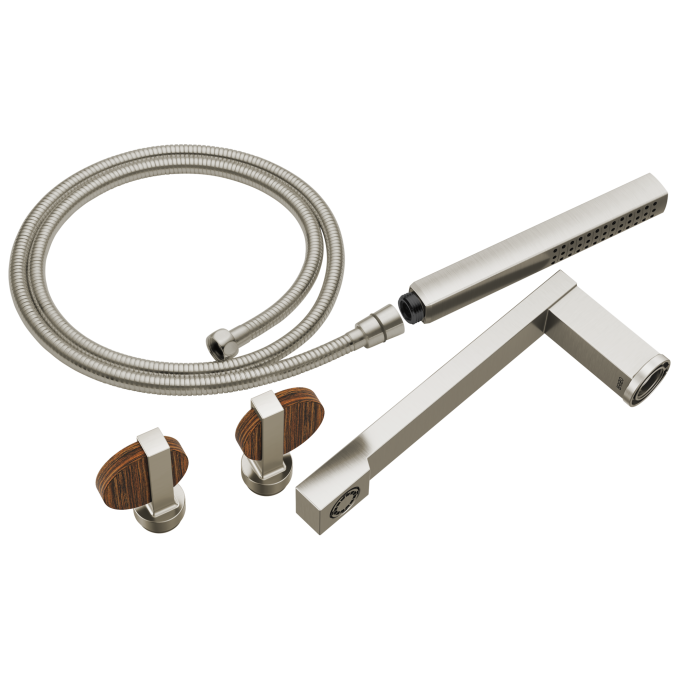 BRIZO Frank Lloyd Wright Two-Handle Tub Filler Trim Kit with Lunar Handles — Luxe Nickel / Teak Wood