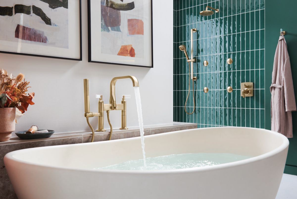 BRIZO Allaria Two-Handle Tub Filler Trim Kit with Lever Handles — Luxe Gold / Clear Acrylic