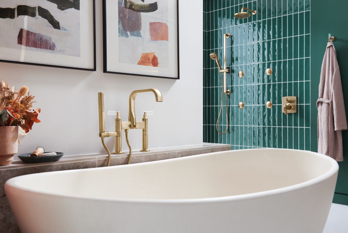 BRIZO Allaria Two-Handle Tub Filler Trim Kit with Lever Handles — Luxe Gold / Clear Acrylic