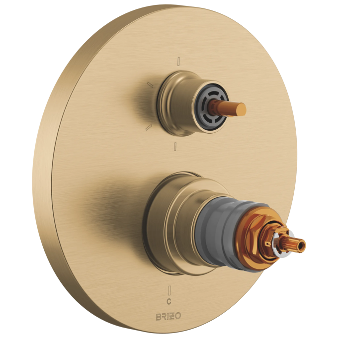 BRIZO Roccesco TempAssure Thermostatic Valve with Integrated 6-Function Diverter Trim - Less Handles — Luxe Gold