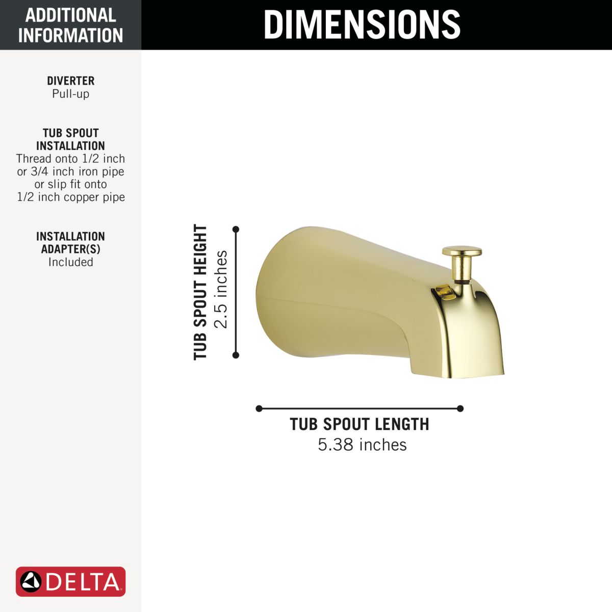 DELTA Universal Showering Components Diverter Tub Spout — Polished Brass
